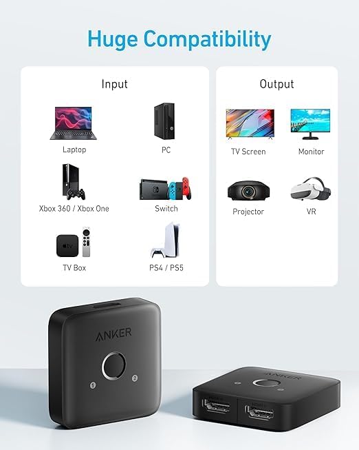 Anker HDMI Switch, 4K@60Hz HDMI Switcher, 2 in 1 Out with Smooth Finish, Supports HDR, 3D, Dolby, Compatible with Laptops, PC, Xbox Series, PS5 / PS4, Projector, and More - Image 5