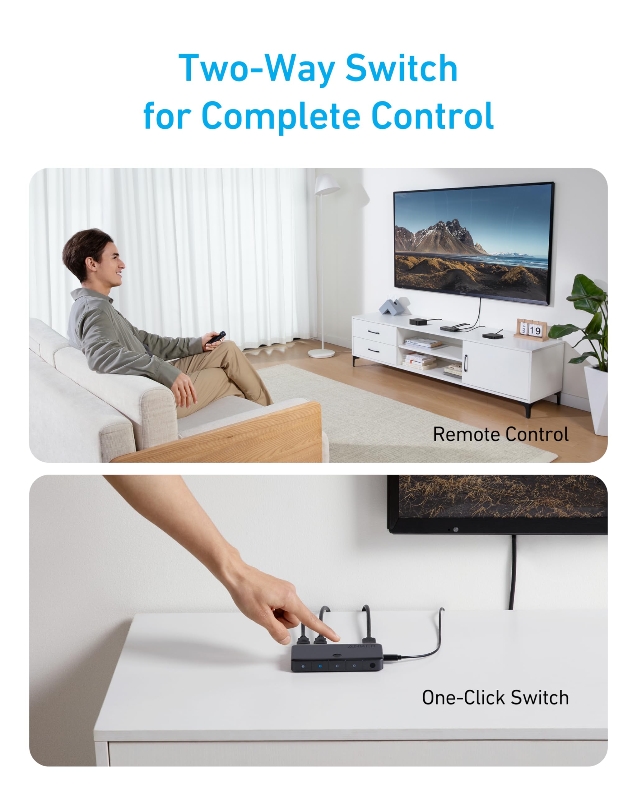 Anker HDMI Switch, 4K@60Hz HDMI Switcher, 4 in 1 Out with Smooth Finish, Supports HDR/3D/Dolby/DTS, Compatible with Laptops,PC,Xbox,PS5/PS4,Projector(Charger and Remote Control Batteries Not Included) - Image 3