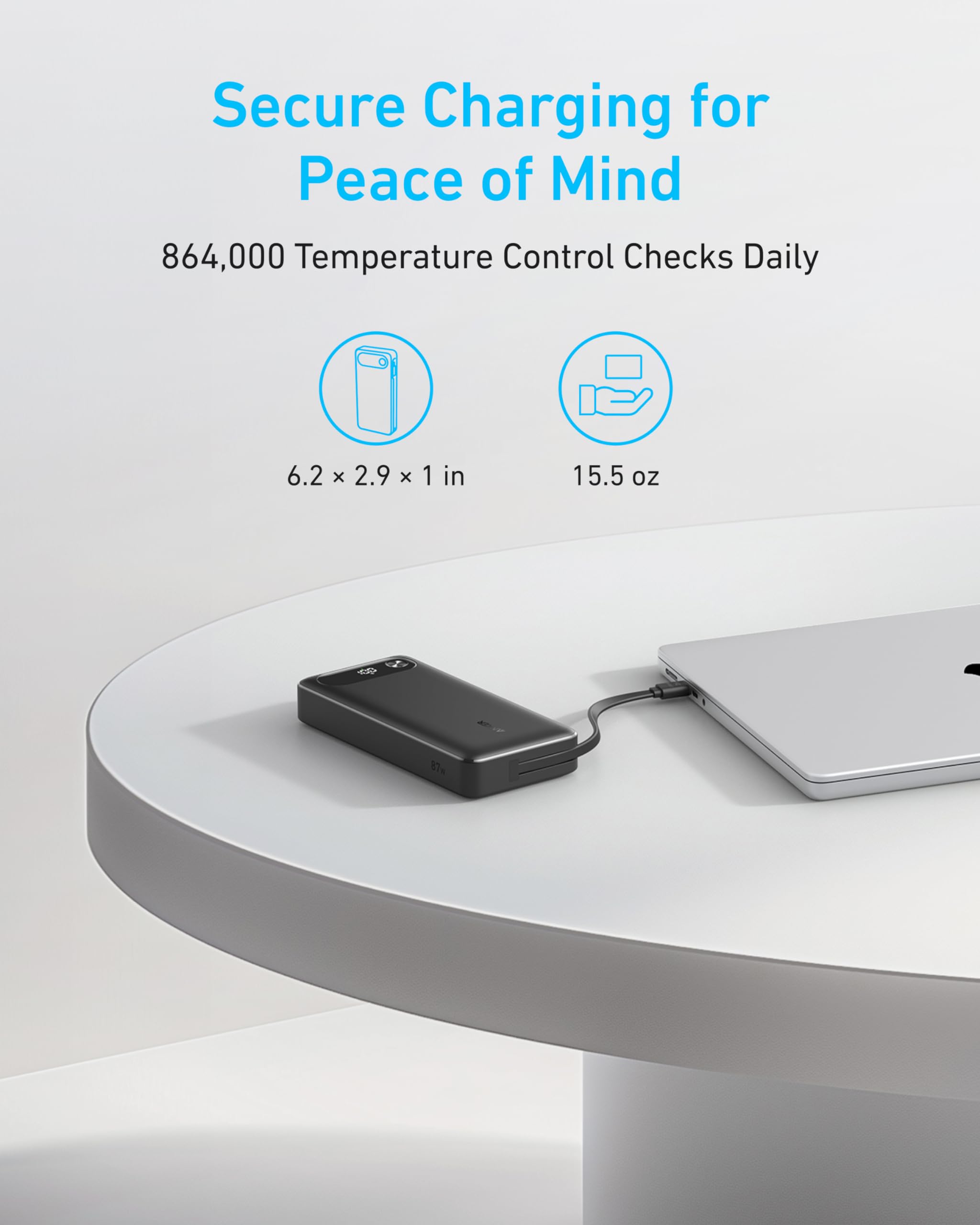 Anker Power Bank, 20,000mAh Travel Essential Portable Charger with Built-in USB-C Cable, 3-Port 87W Max Fast Charging Battery Pack, for MacBook, iPhone 16/15 Series, Samsung, Switch, and More - Image 6