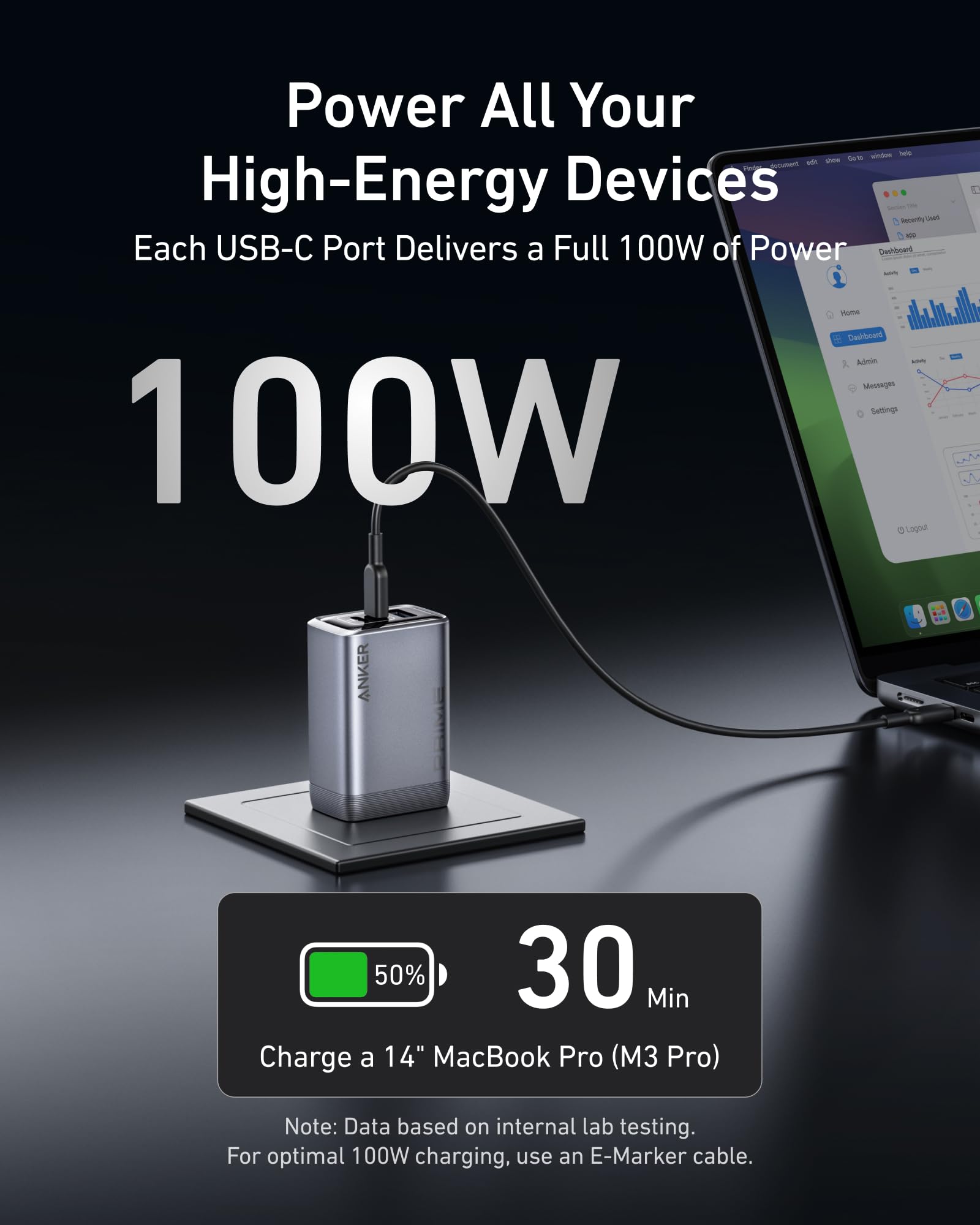 Anker Prime Charger, 100W 3-Port GaN USB C Charger Block, Foldable and Compact for MacBook, iPad, iPhone 17 Series, Galaxy S24/S23, and More - Image 3