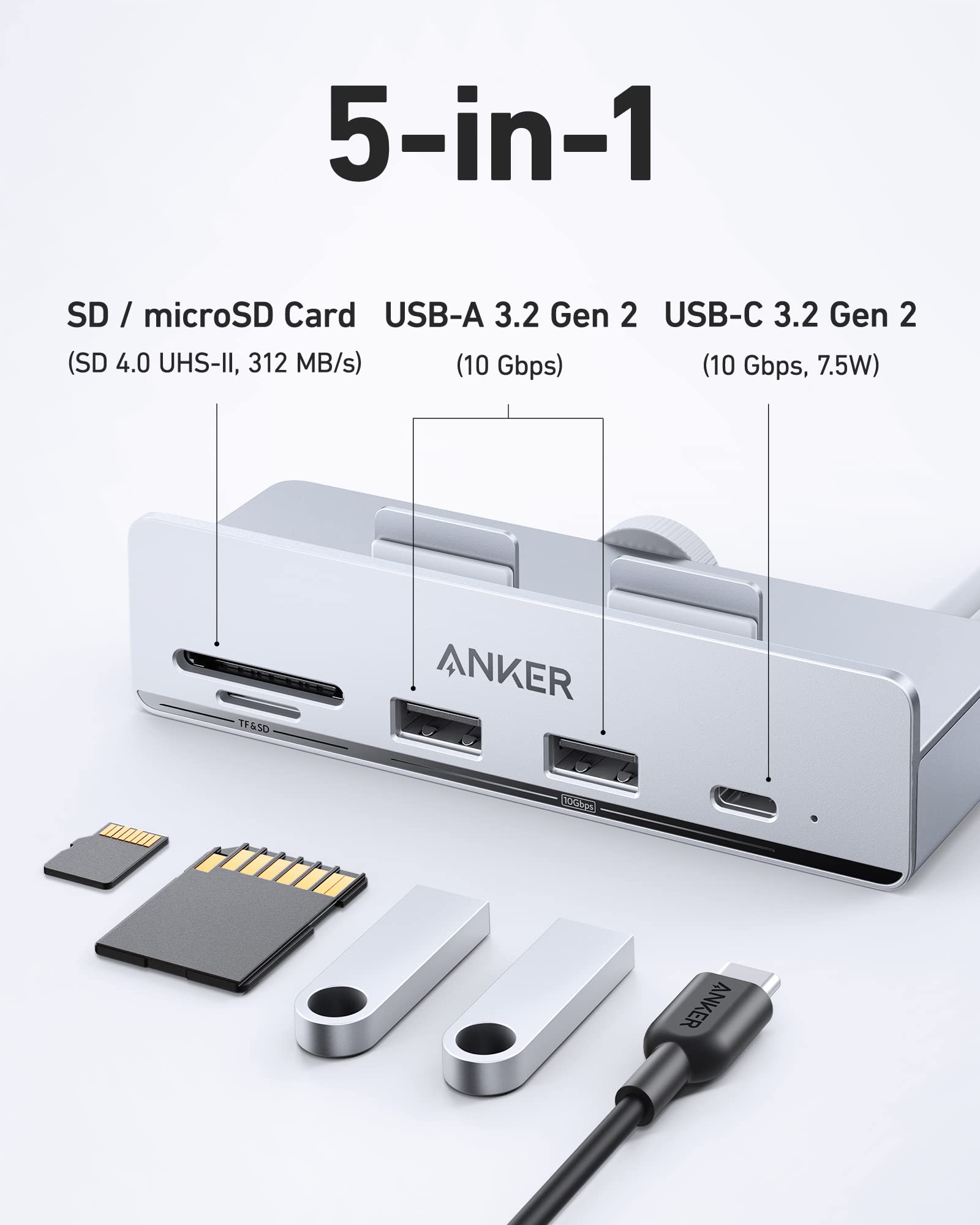 Anker USB C Hub, 535 USB C Hub (5-in-1), with 2 USB-A 10 Gbps Data Ports, USBC 10 Gbps Port, SD and microSD Card Reader, for iMac Pro/iMac 24 inch 2021 / iMac 27 inch / 21.5 inch - Image 3