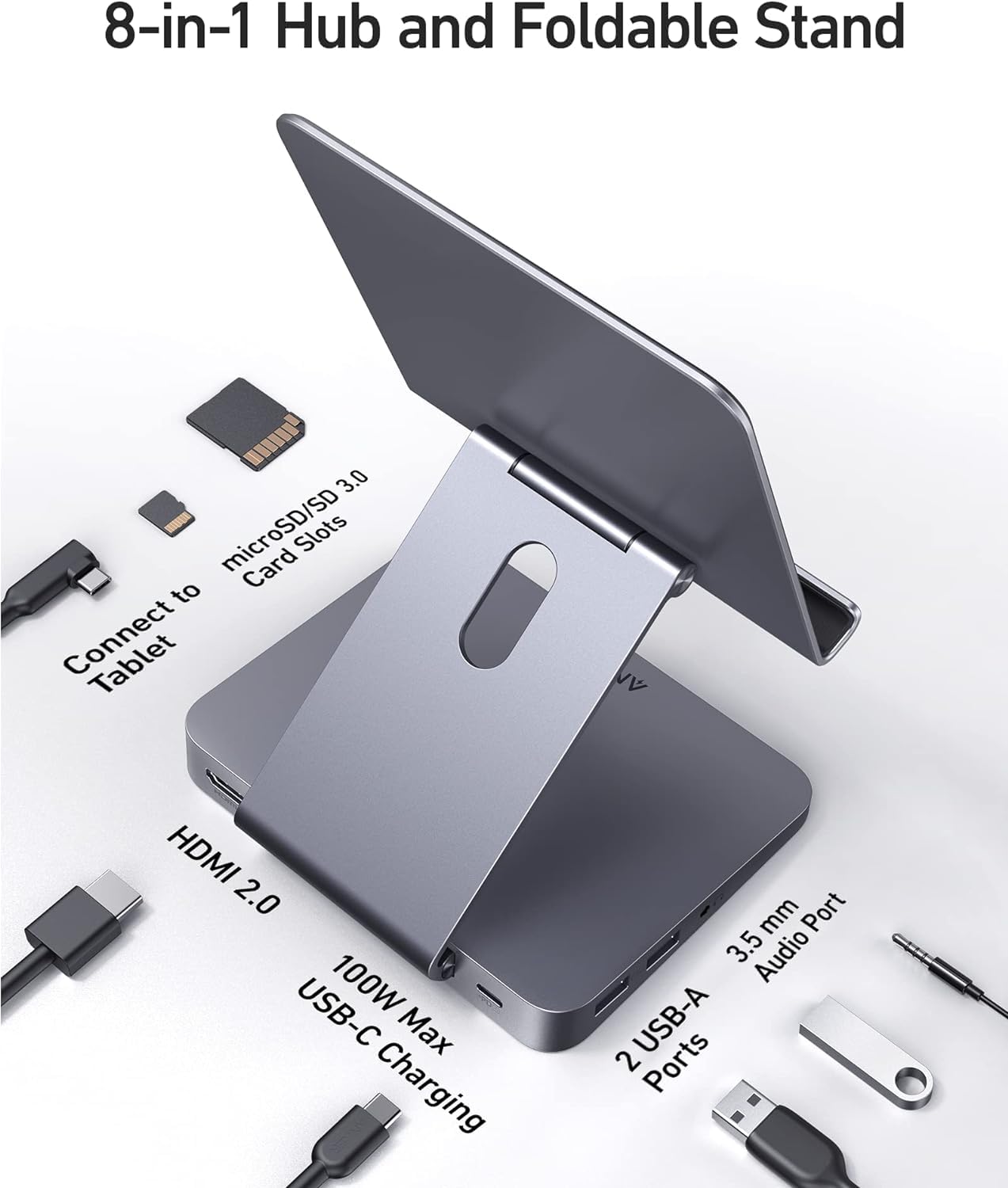 Anker USB C Hub for iPad, 551 USBC Hub (8-in-1), with Foldable Tablet Stand, 4K HDMI, 2 USB-A Data Ports, for iPad Pro 5th Gen/Air 5th Gen/Mini 6th and Later (Silver) - Image 3